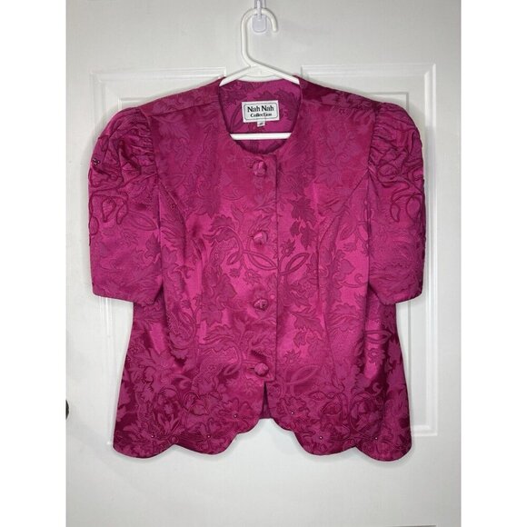 VINTAGE 80'S Barbie Pink Brocade Top Embroidered Beaded Puff Sleeve Sz 16 - Picture 1 of 11